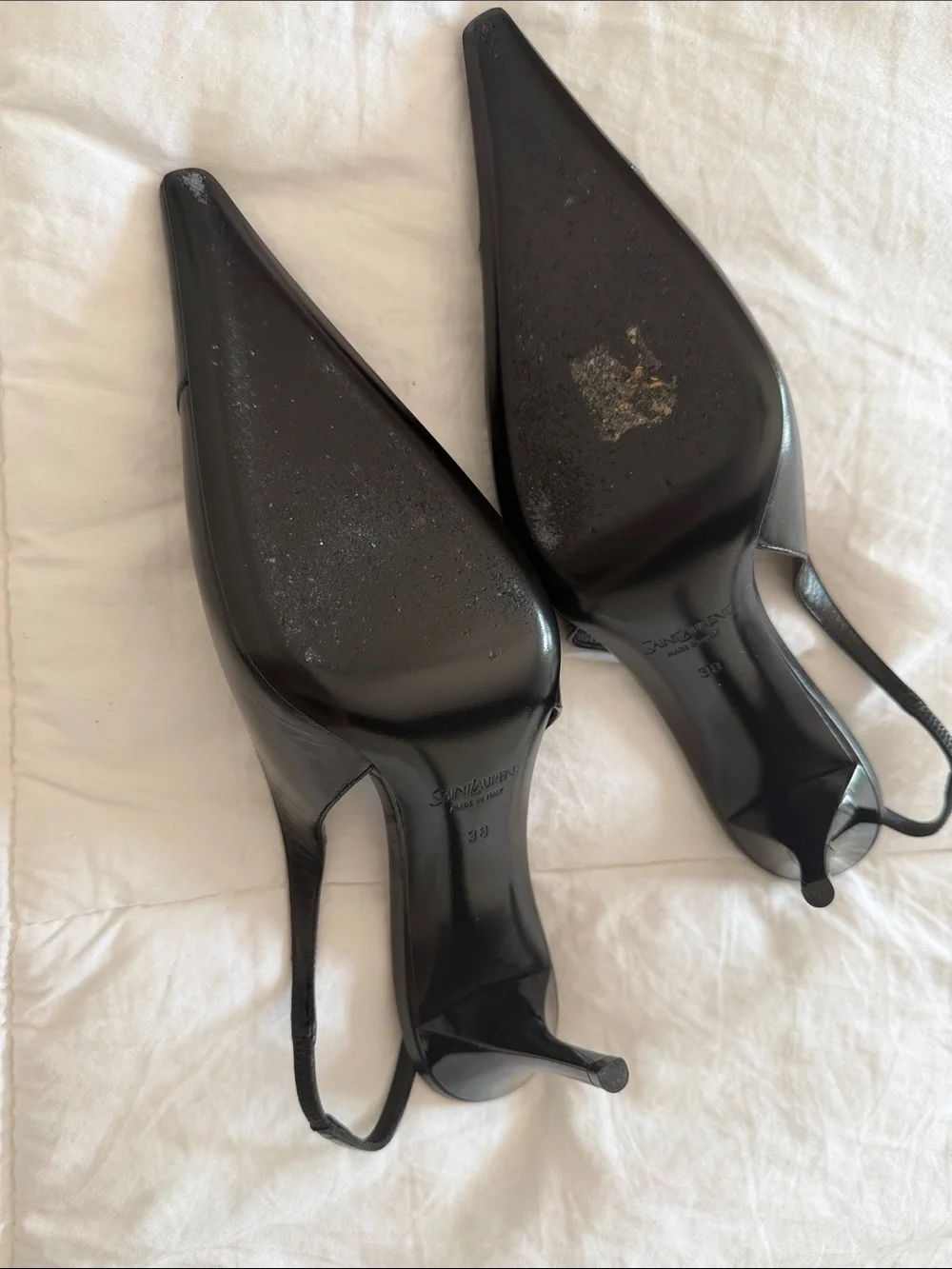 Saint Laurent Black Leather Pointed Slingback Pumps with Gold YSL Charm